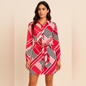 LDT Geometric Print Belted Shirt Dress Size 2 Feminine Pockets Classy Fun Preppy
